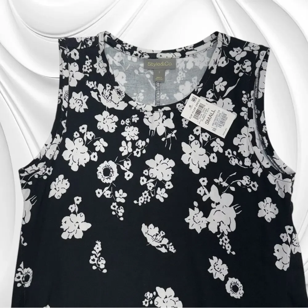 STYLE & CO Women’s Small Black Floral FLIP FLOP DRESS - Picture 3 of 4
